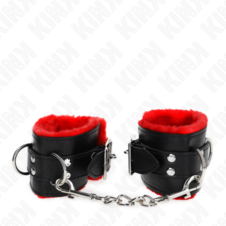 KINK - FUR LINED WRIST RESTRAINTS WITH SQUARE HOLES RED AND BLACK BELT ADJUSTABLE 17-29 CM X 6 CM