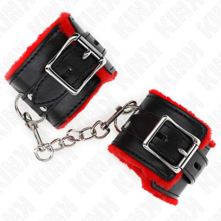 KINK - FUR LINED WRIST RESTRAINTS WITH SQUARE HOLES RED AND BLACK BELT ADJUSTABLE 17-29 CM X 6 CM