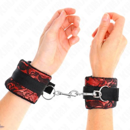 KINK - SHORT VELVET LACE WRIST RESTRAINTS AND NYLON BIND RED / BLACK 23 X 6.5 CM