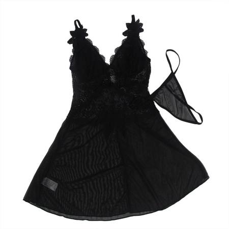 Babydoll Tulle Con Dettagli Pizzo E Fiori Nero L/Xl