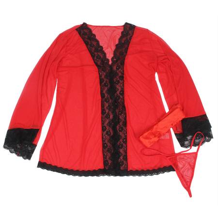 SUBBLIME - TRANSPARENT FABRIC ROBE WITH LACE DETAIL RED L/XL